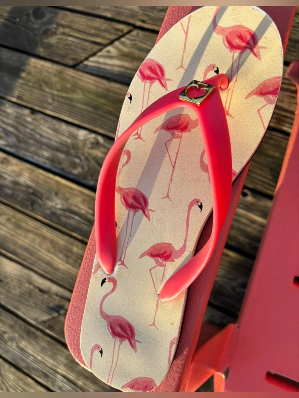 kate spade Pink Flamingo Print Flip Flop Casual Sandals with Gold Logo Size 9